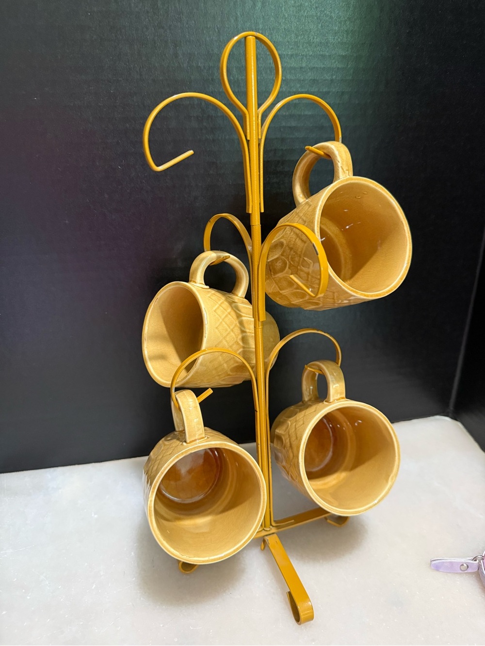 Four Ceramic Stacking Mugs Gold Drip Glaze with Metal Holder 1960’s Boho Japan
